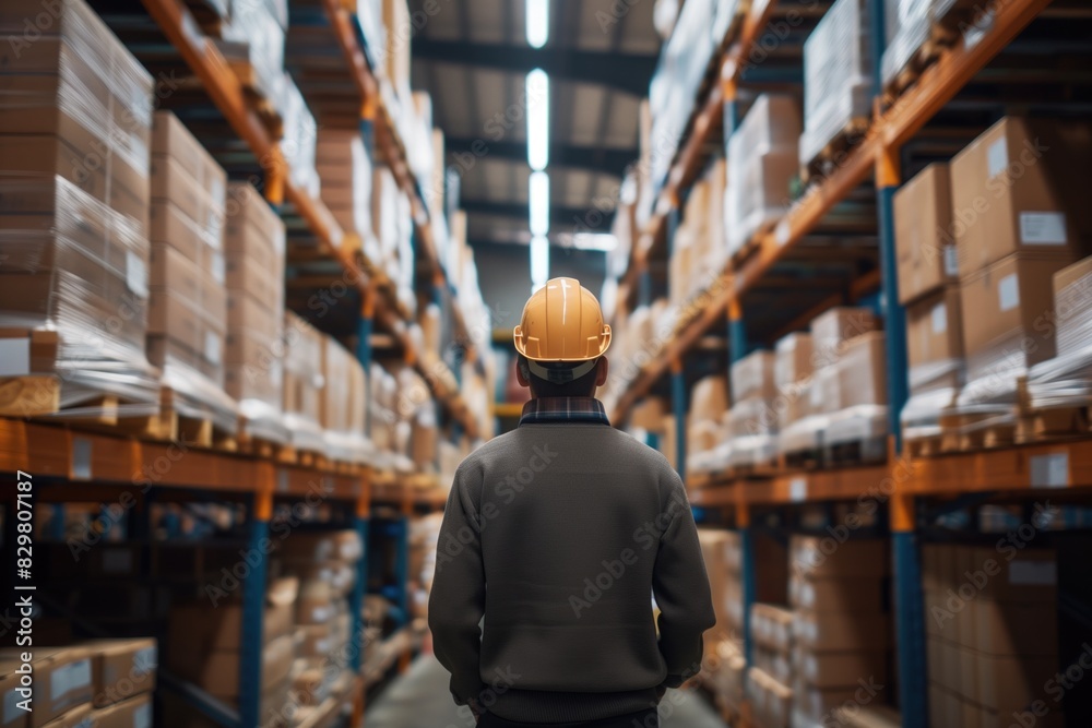 Big warehouse with rows of shelves with full of ware, worker in the middle Big warehouse with rows of shelves with full of ware, worker in the middle