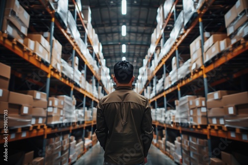 Big warehouse with rows of shelves with full of ware, worker in the middle