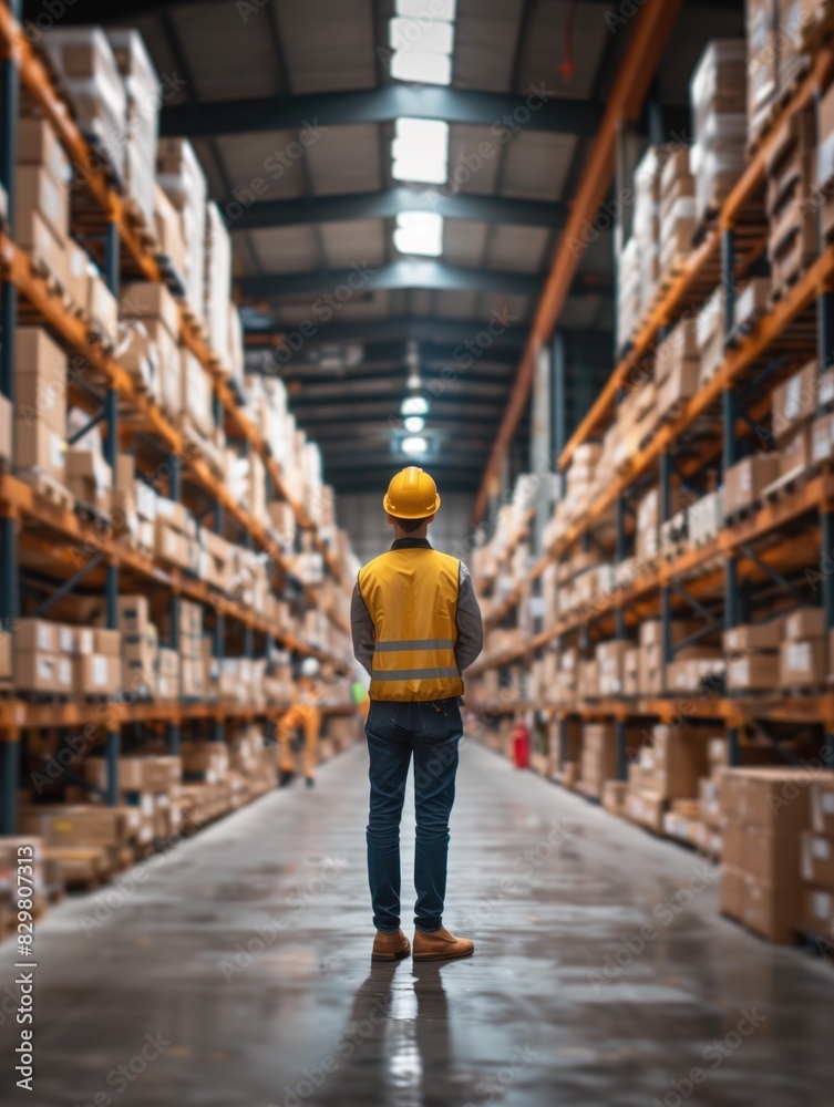 Big warehouse with rows of shelves with full of ware, worker in the middle Big warehouse with rows of shelves with full of ware, worker in the middle