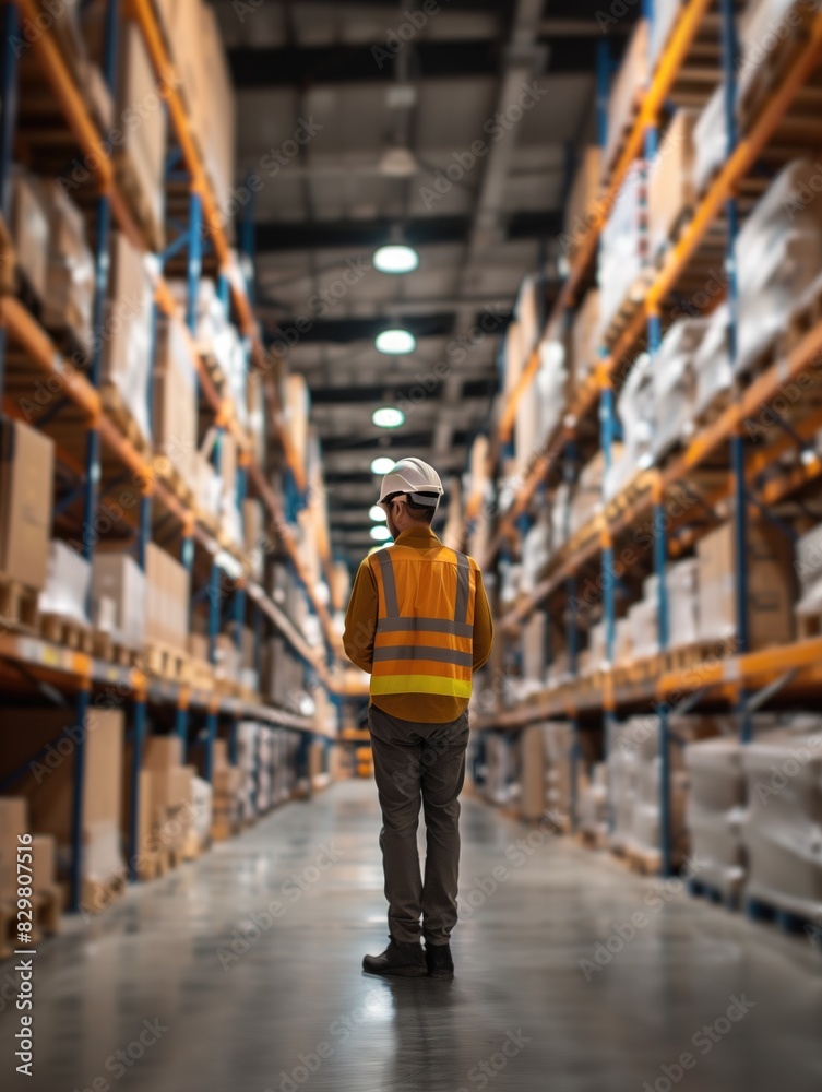 Big warehouse with rows of shelves with full of ware, worker in the middle