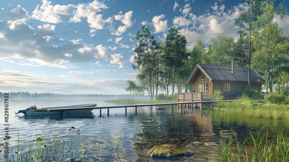 Fototapeta premium This scene features a traditional wooden sauna cottage on a Finnish lake, with a nearby pier and fishing boat. The vibrant summer landscape 