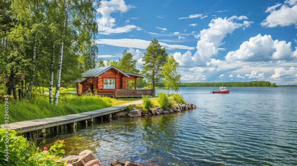 Obraz premium This scene features a traditional wooden sauna cottage on a Finnish lake, with a nearby pier and fishing boat. The vibrant summer landscape