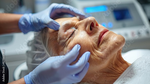 La apariencia de una persona mayor siendo tratada por un dermatólogo de tratamiento contra el envejecimiento de la piel






