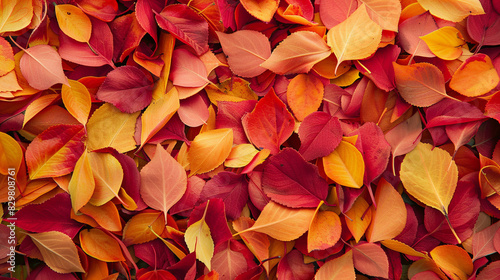 A close-up of autumn leaves in vibrant colors of red, orange, and yellow, covering the ground.