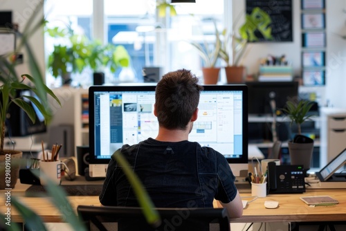 Diseñador de experiencia de usuario (UX), hombre, con pelo corto, sentado en su escritorio mirando el monitor, vista desde atrás.


 photo