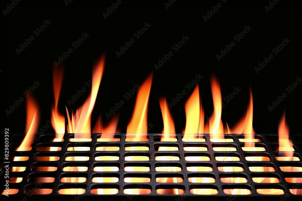 Dancing flames lick the grates of an empty grill, sparks illuminate the night sky in this close-up barbecue scene. Dancing flames lick the grates of an empty grill, sparks illuminate the night sky in this close-up barbecue scene.