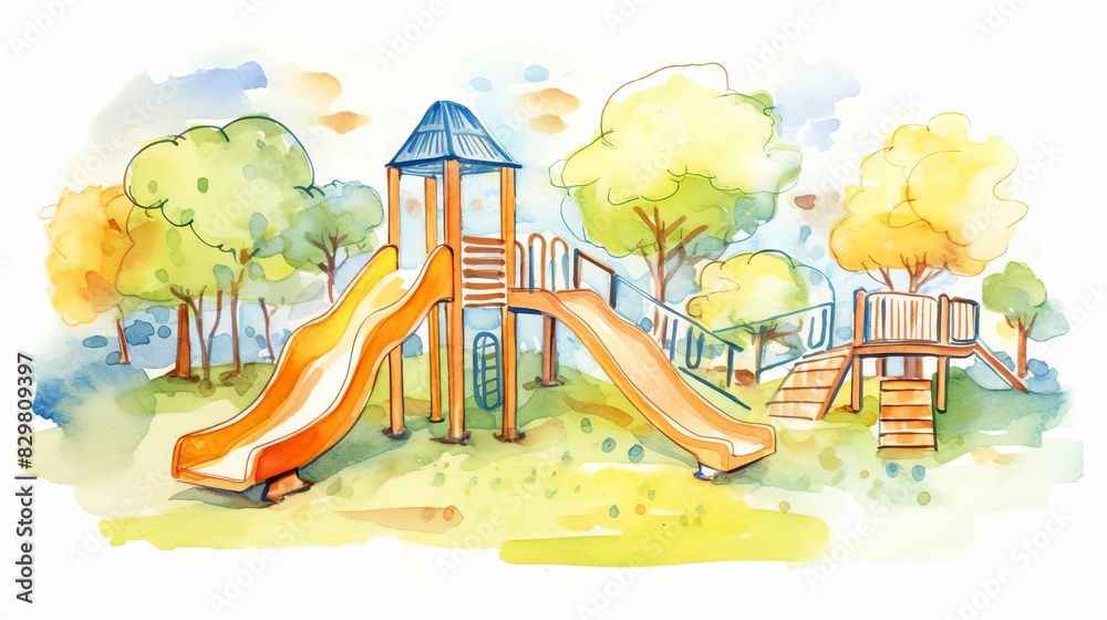 Fototapeta premium Colorful watercolor illustration of a playground in a park with slides, trees, and greenery on a sunny day.