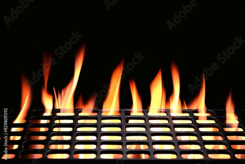 Dancing flames lick the grates of an empty grill, sparks illuminate the night sky in this close-up barbecue scene.