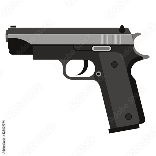 A black and silver handgun placed on a plain white surface against a backdrop