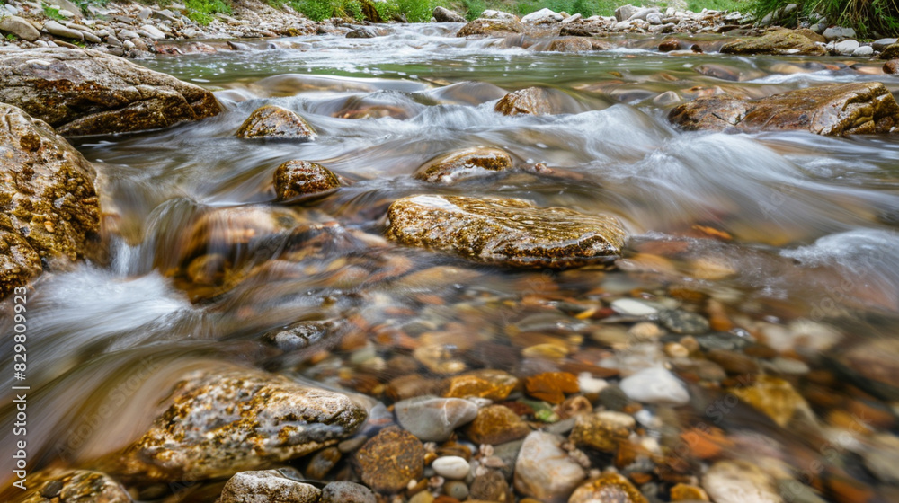 A detailed view of a mountain stream with clear water flowing over smooth stones. A detailed view of a mountain stream with clear water flowing over smooth stones.