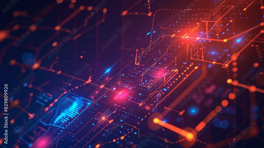 Vibrant neon circuit board with glowing lines, lights, and connections representing technology, innovation, and digital communication.