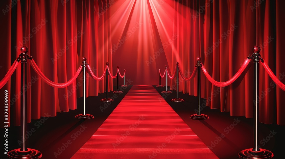 Glamorous hollywood premiere scene with red carpet, velvet ropes, curtains, and spotlight Glamorous hollywood premiere scene with red carpet, velvet ropes, curtains, and spotlight