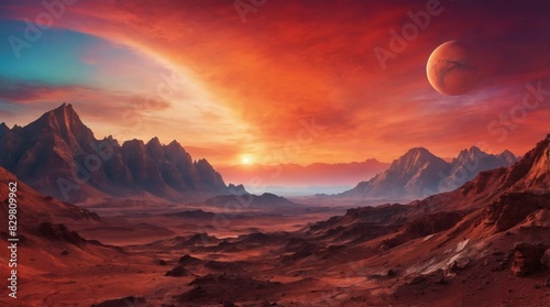 Martian sunrise sunset  Landscape of Mars  the red planet  with towering mountains silhouetted against the colorful sky.