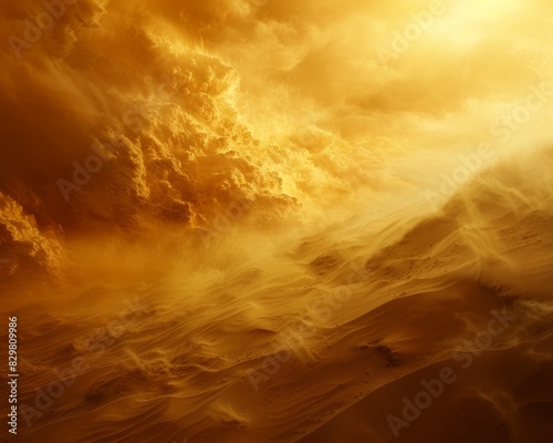 A stunning, dramatic scene of a desert during a sandstorm, with golden hues and swirling sand under a vibrant, stormy sky.