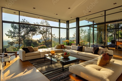 A luxuriously furnished living room with multiple pieces of furniture and large windows