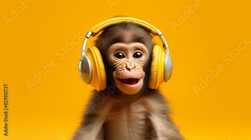 A little monkey in headphones listens to music on a yellow background.
