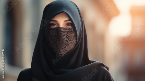 Arab woman in a black hijab close-up with copy space