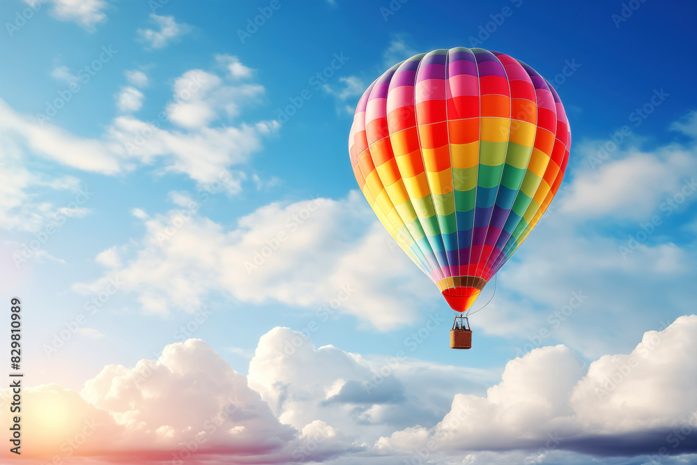 Naklejka premium Hot air balloon flying high in blue sky. Background with selective focus and copy space