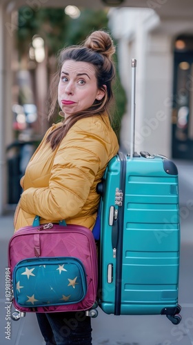 Mujer con cabello castaño y reflejos dorados mirando perpleja, con una maleta pequeña de color azul marino, una maleta mediana de color magenta y una maleta grande de color verde azulado.






 photo