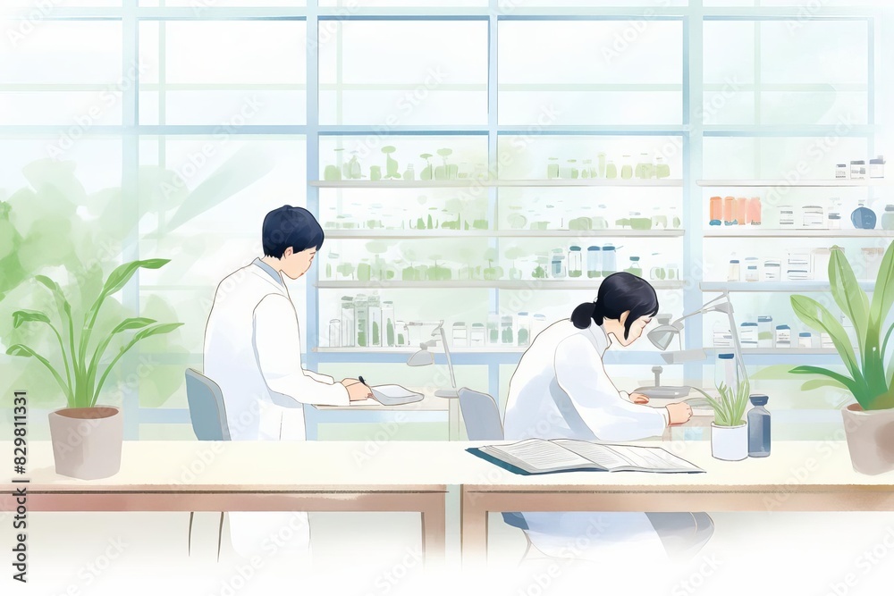 Scientists work in a modern laboratory conducting experiments surrounded by plants and lab equipment for research and development. Scientists work in a modern laboratory conducting experiments surrounded by plants and lab equipment for research and development.