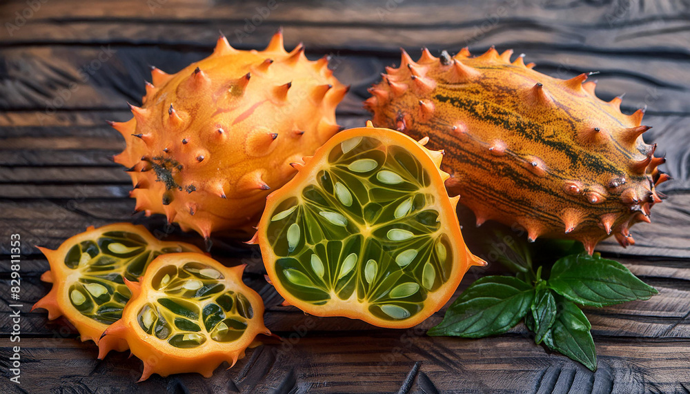 Fresh and ripe kiwano on wooden table. Tasty exotic fruit. Healthy lifestyle and diet concept. Fresh and ripe kiwano on wooden table. Tasty exotic fruit. Healthy lifestyle and diet concept.