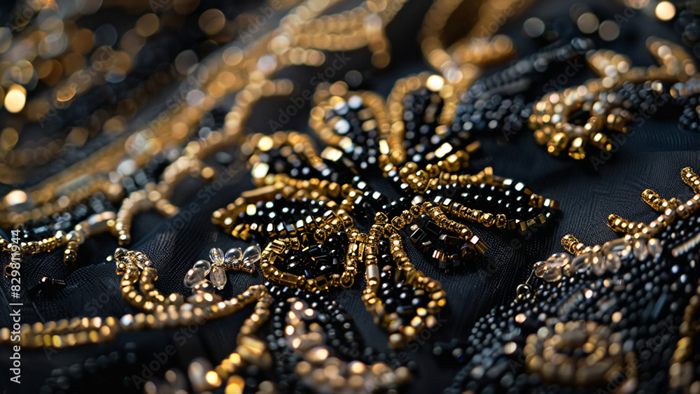 Detailed Close-Up of Elegant Black and Gold Beaded Floral Embroidery Detailed Close-Up of Elegant Black and Gold Beaded Floral Embroidery