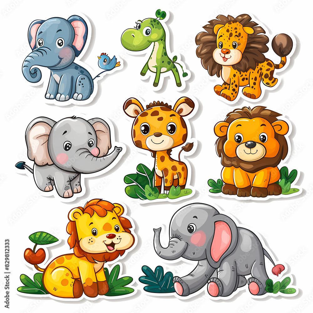 Fototapeta premium a Set Cute African animals on a White Canvas Sticker,vector image