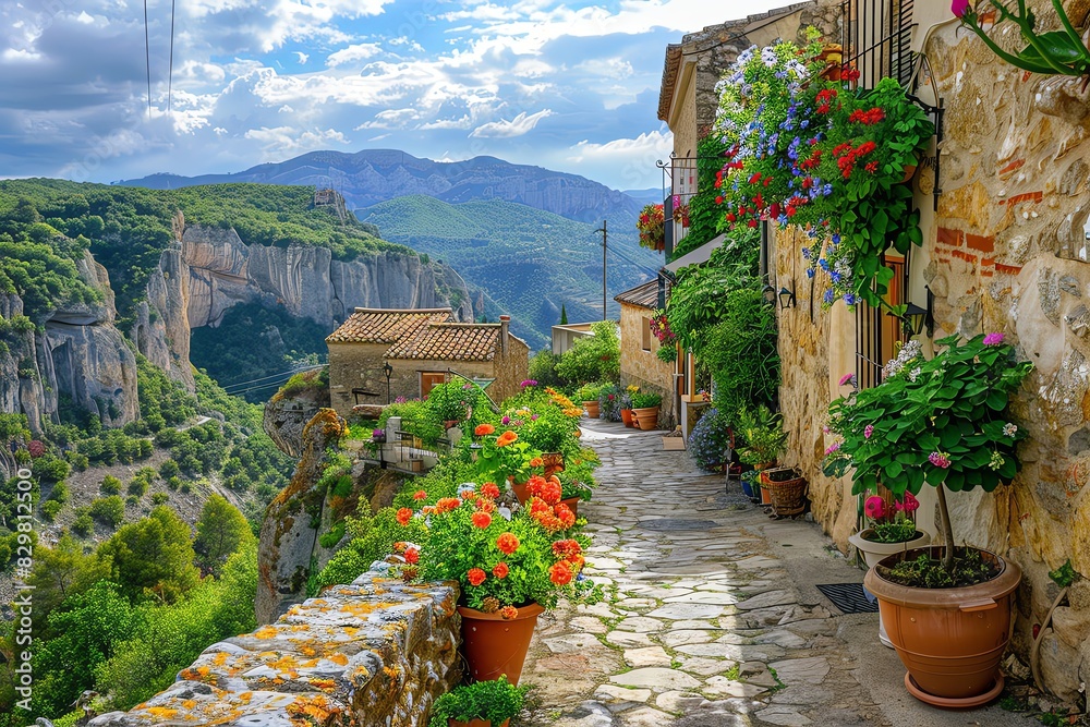 Photo of street in Gudic, Spain with flowers and flower pots on the walls, stone path, greenery, houses carved into the cliffs overlooking a mountainous landscape on a sunny day with clouds. Photo of street in Gudic, Spain with flowers and flower pots on the walls, stone path, greenery, houses carved into the cliffs overlooking a mountainous landscape on a sunny day with clouds.