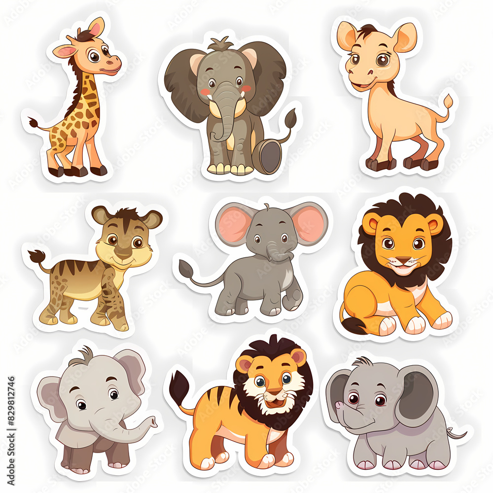 Obraz premium a Set Cute African animals on a White Canvas Sticker,vector image