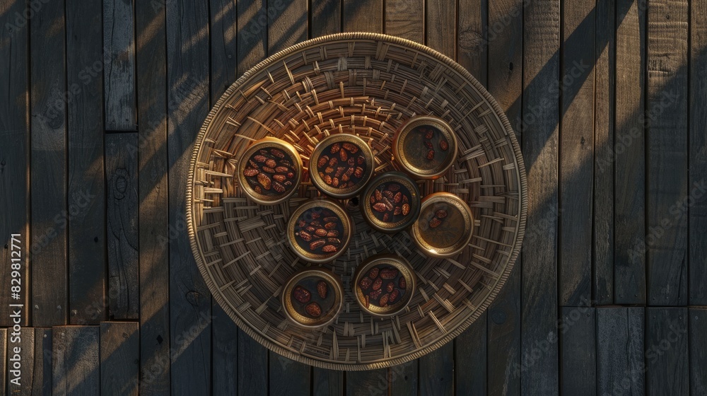 five cups and a bowl with dates placed on a round woven mat, in the style of a Ramadan concept, against a dark wooden background with space for copy text.