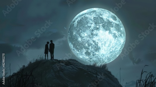 A couple stands on a hilltop, gazing at the full moon. The moon's light creates a romantic and peaceful setting, perfect for sharing a quiet moment together. © peerawat