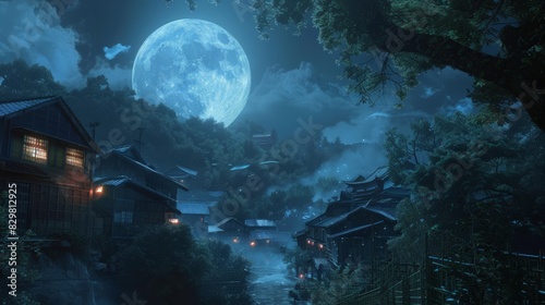 A full moon casts a gentle glow over a sleeping village  the quiet streets and houses bathed in moonlight. The scene is serene and still.