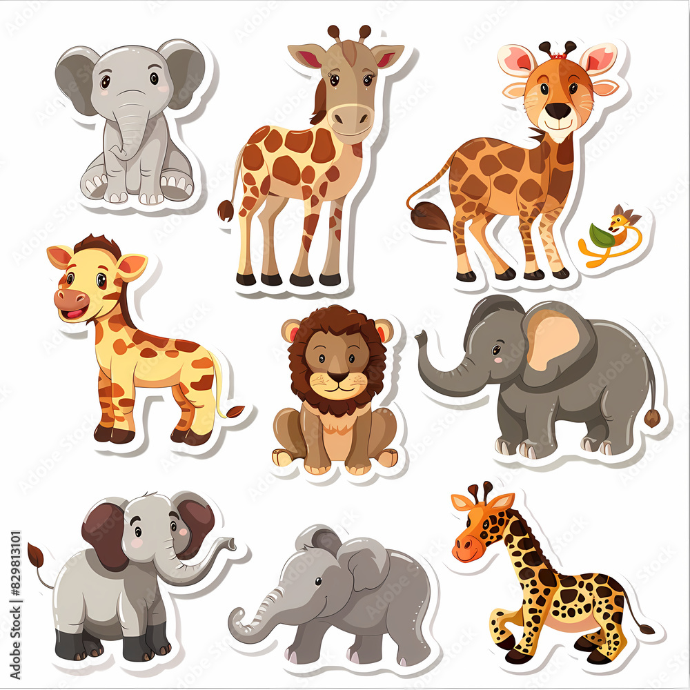 Fototapeta premium a Set Cute African animals on a White Canvas Sticker,vector image
