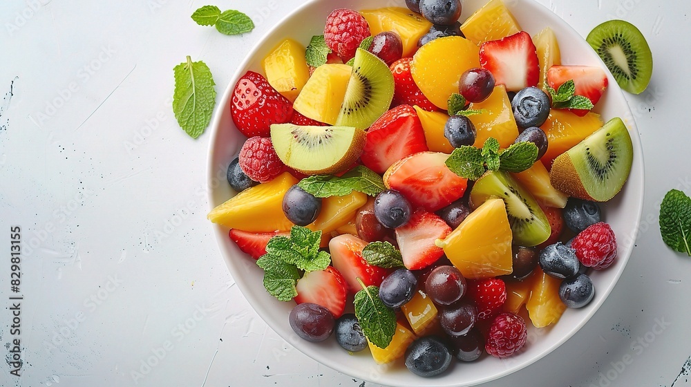 A bowl of colorful, fresh fruit salad on a white table, copy space