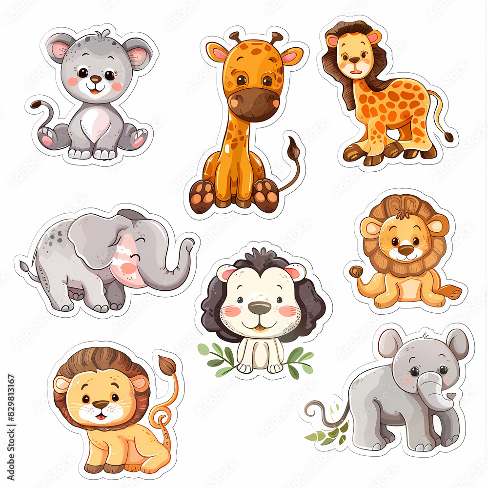 Obraz premium a Set Cute African animals on a White Canvas Sticker,vector image