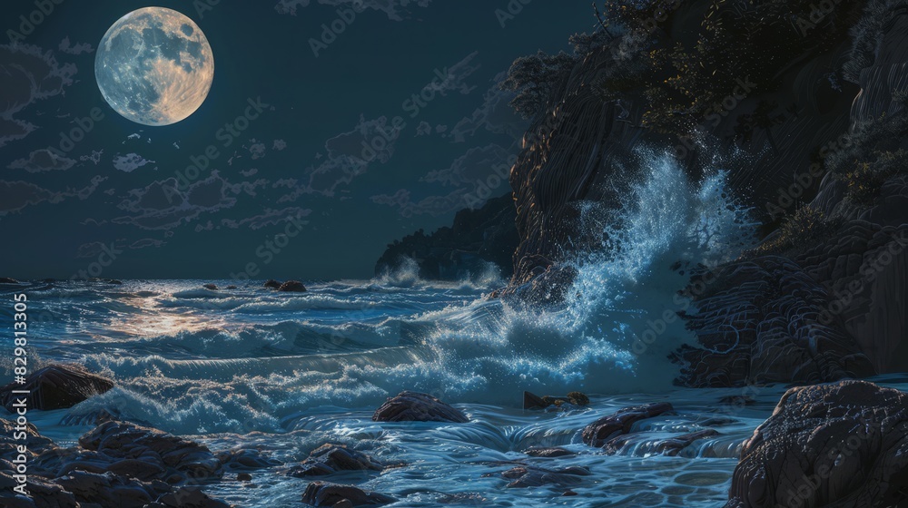 A full moon illuminates a rugged coastline, the light reflecting off the crashing waves. The scene is dramatic and powerful, filled with natural beauty.