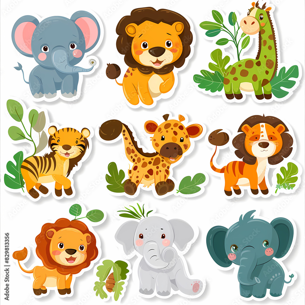 Fototapeta premium a Set Cute African animals on a White Canvas Sticker,vector image