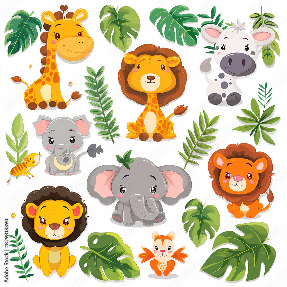 Fototapeta premium a Set Cute African animals on a White Canvas Sticker,vector image