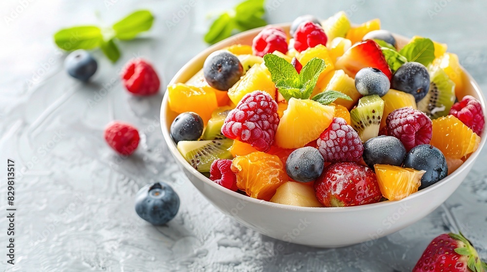 A bowl of colorful, fresh fruit salad on a white table, copy space A bowl of colorful, fresh fruit salad on a white table, copy space