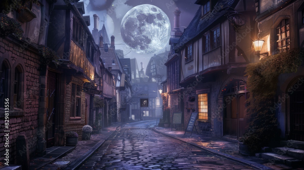 Obraz premium A full moon lights up a cobblestone street in a historic town. The old buildings and narrow alleys are bathed in a soft, nostalgic glow.