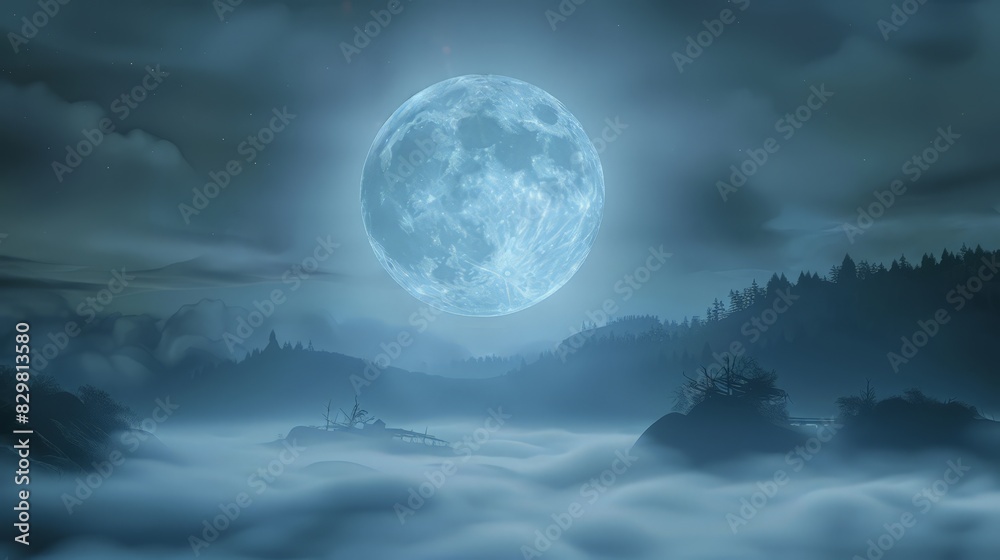 A full moon rises over a misty landscape, the moonlight filtering through the fog and creating a mystical atmosphere. The scene is both eerie and beautiful. A full moon rises over a misty landscape, the moonlight filtering through the fog and creating a mystical atmosphere. The scene is both eerie and beautiful.