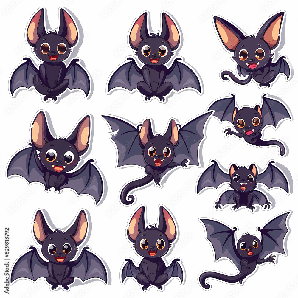 a Set Cute Bat on a White Canvas Sticker,vector image