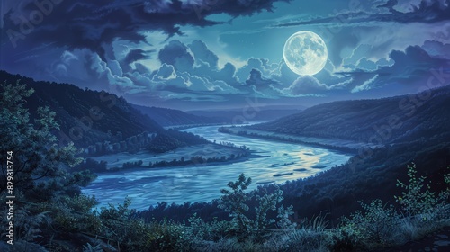 A full moon rises over a tranquil valley, the moonlight illuminating the winding river and the surrounding hills. The scene is calm and serene.