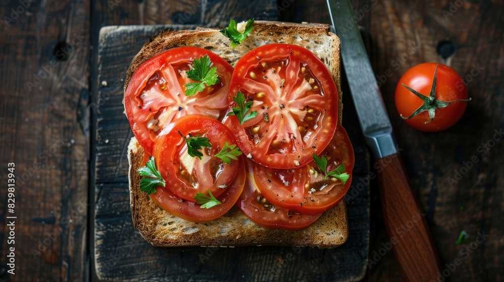 Sliced tomato sandwich on a piece of bread with a knife displayed on a dark wooden background from above Sliced tomato sandwich on a piece of bread with a knife displayed on a dark wooden background from above