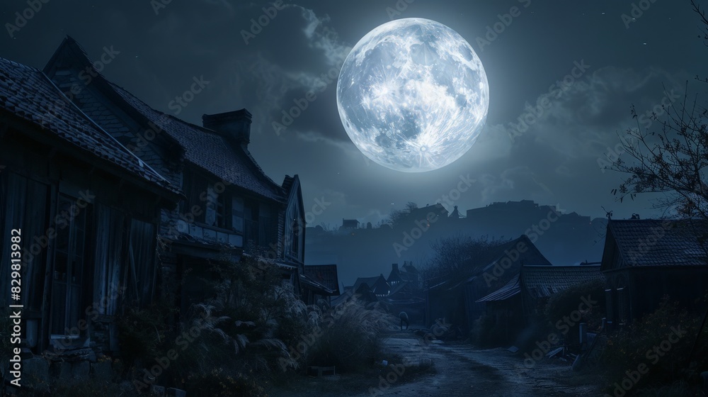 A full moon shines brightly in the night sky, silhouetting the rooftops of an old village. The quiet streets are bathed in the moon's soft, silvery light.