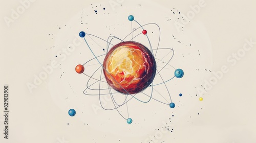 A colorful diagram of a carbon atom, detailing the positions of electrons, protons, and neutrons, with labels and a clean, educational design.