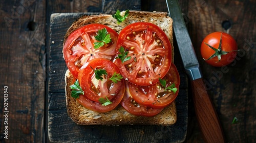 Sliced tomato sandwich on a piece of bread with a knife displayed on a dark wooden background from above