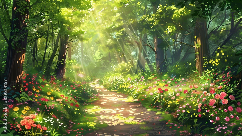 An illustration of a peaceful forest path