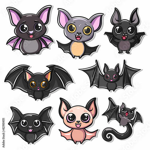 a Set Cute Bat on a White Canvas Sticker vector image