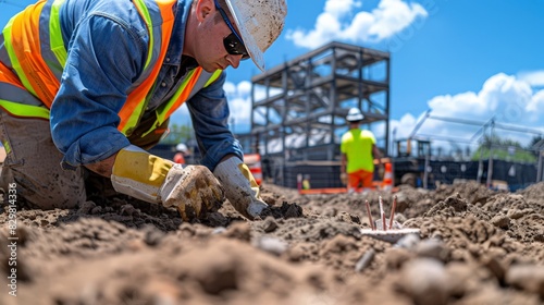 A geotechnical engineer studies soil samples at a construction site. They are determining the suitability of the ground for building a new structure. photo